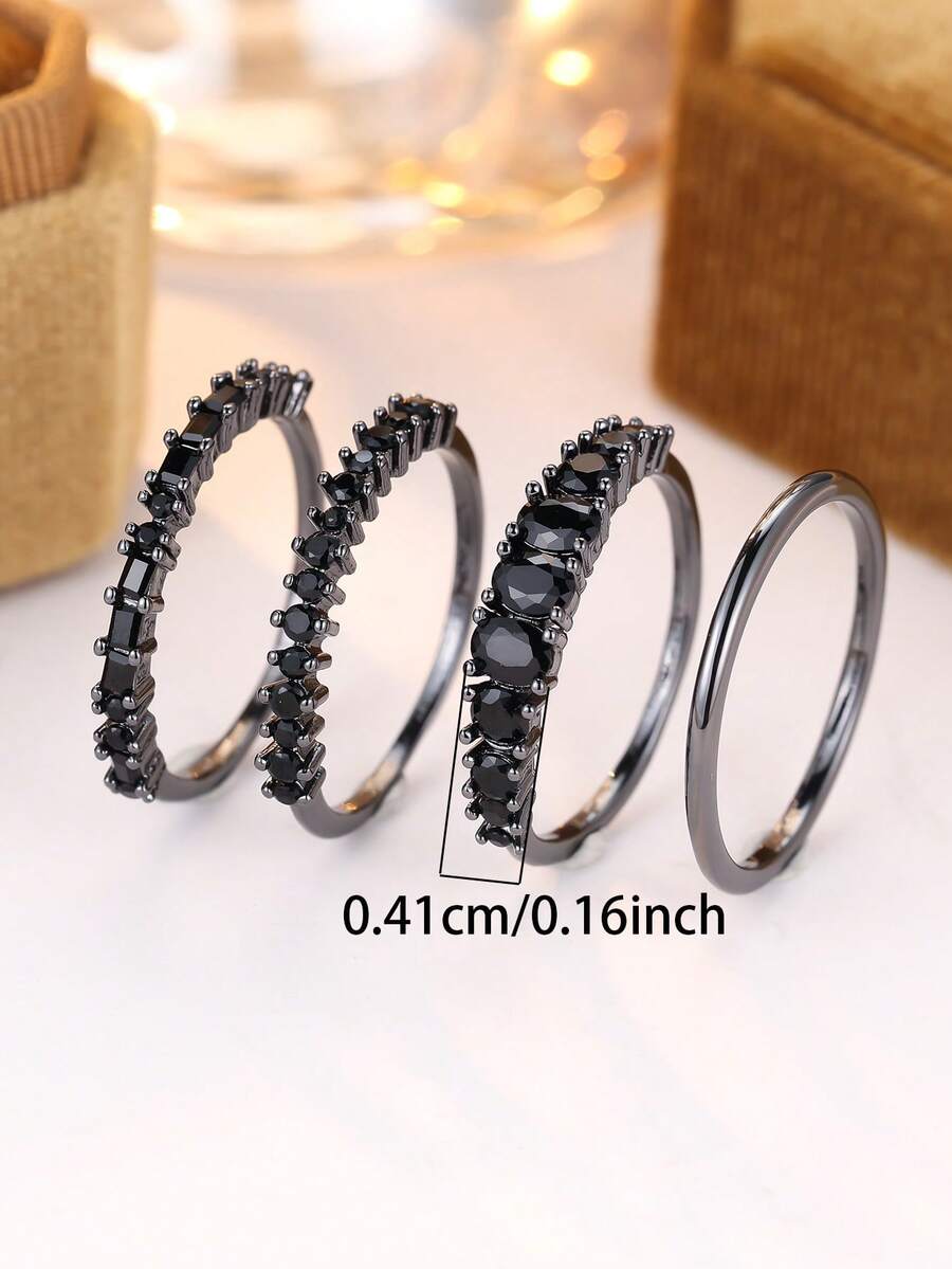 Minimalist Ring Stackable - 4pcs Set, Minimalist Black Synthetic Zirconia