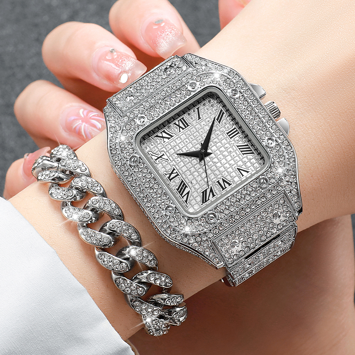 2PCS Iced Out Square Watch & C - Jewelry Like Watches 评论和价格