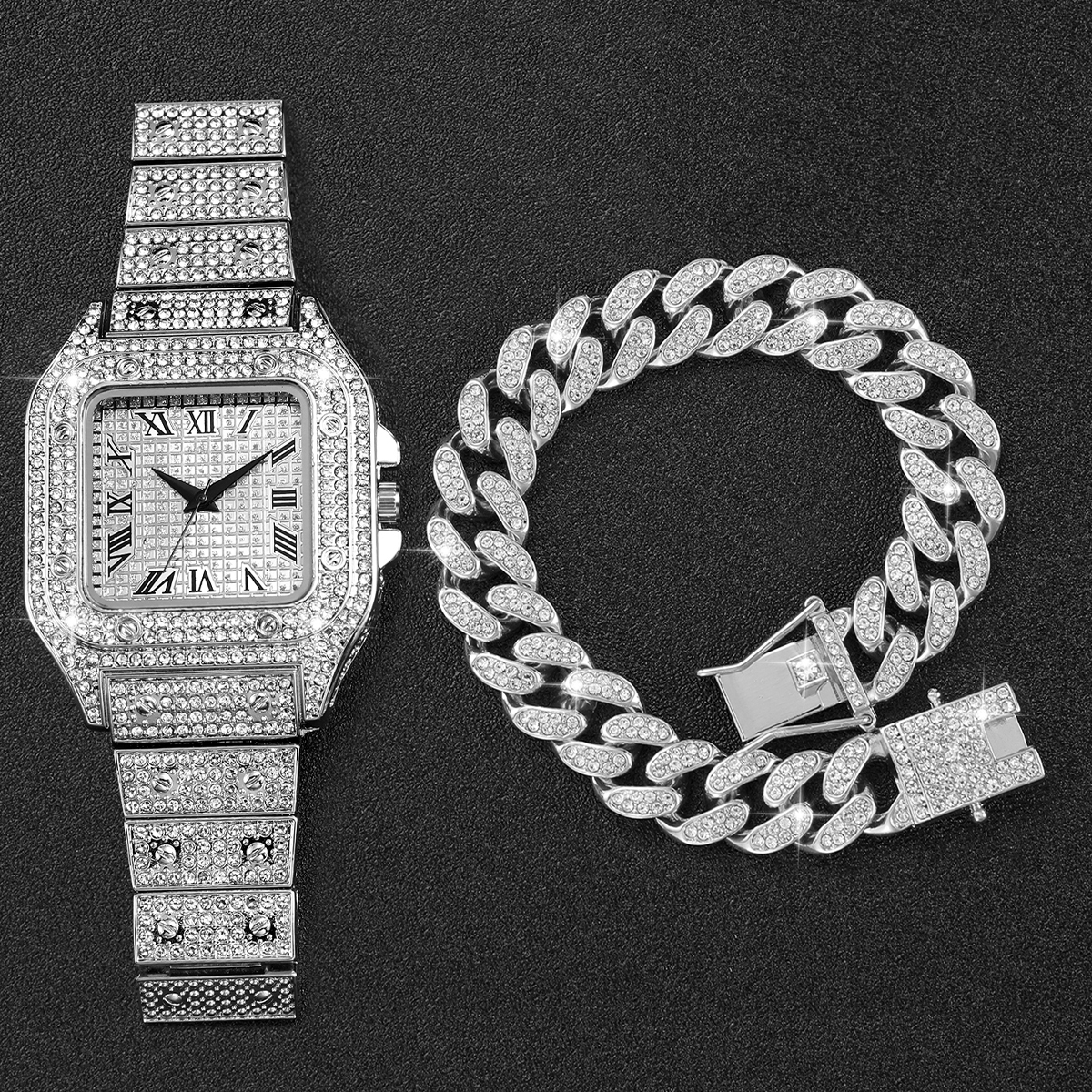2PCS Iced Out Square Watch & C - Jewelry Like Watches 评论和价格