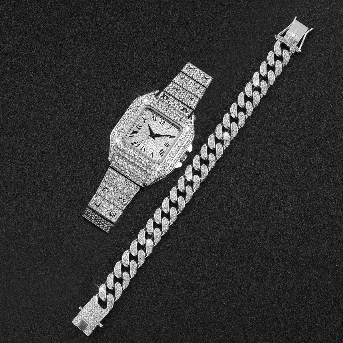 2PCS Iced Out Square Watch & C - Jewelry Like Watches 评论和价格